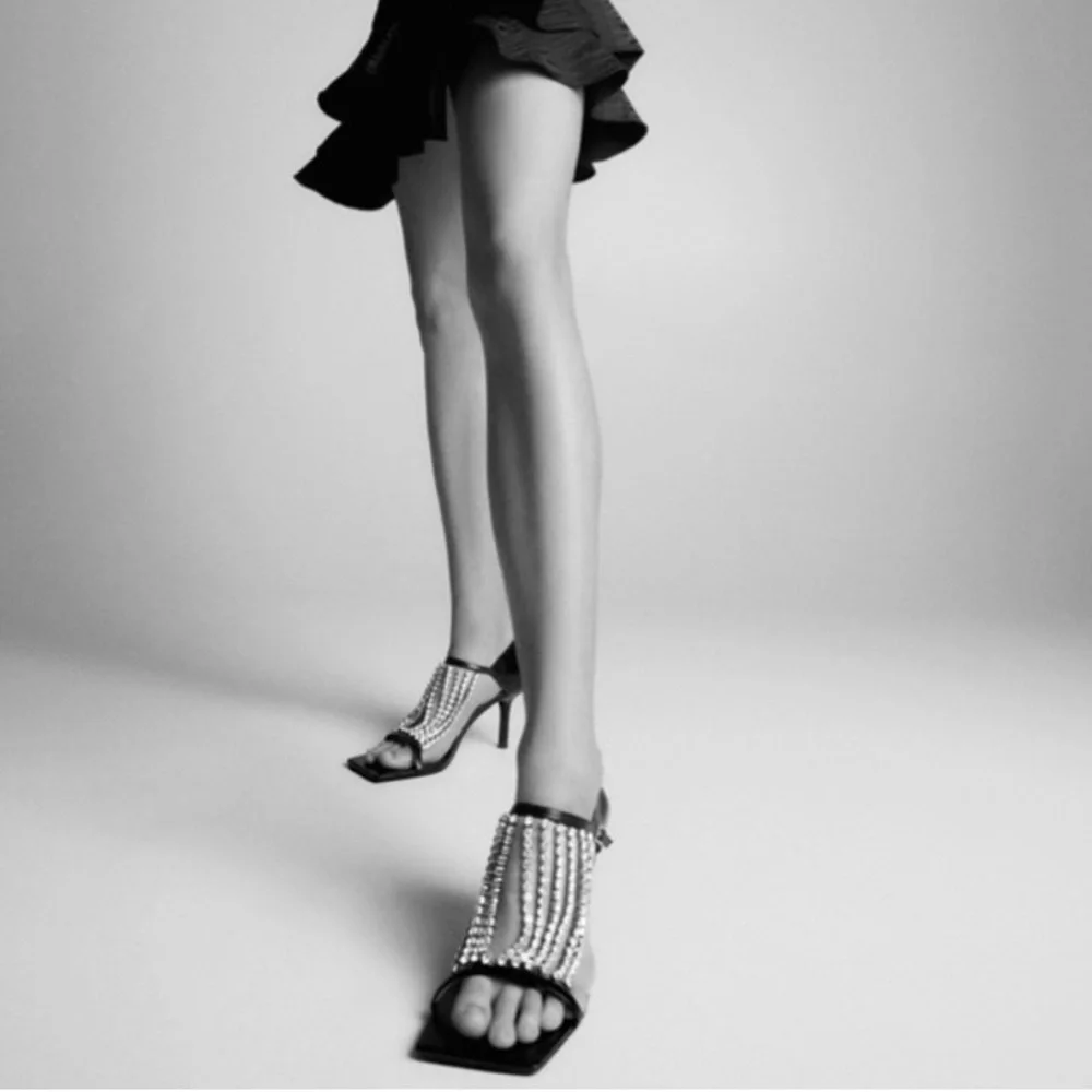 New Zara $129 Rhinestone Square Toe Black Sandals 1343/610 Size 10 RARE - Picture 3 of 16